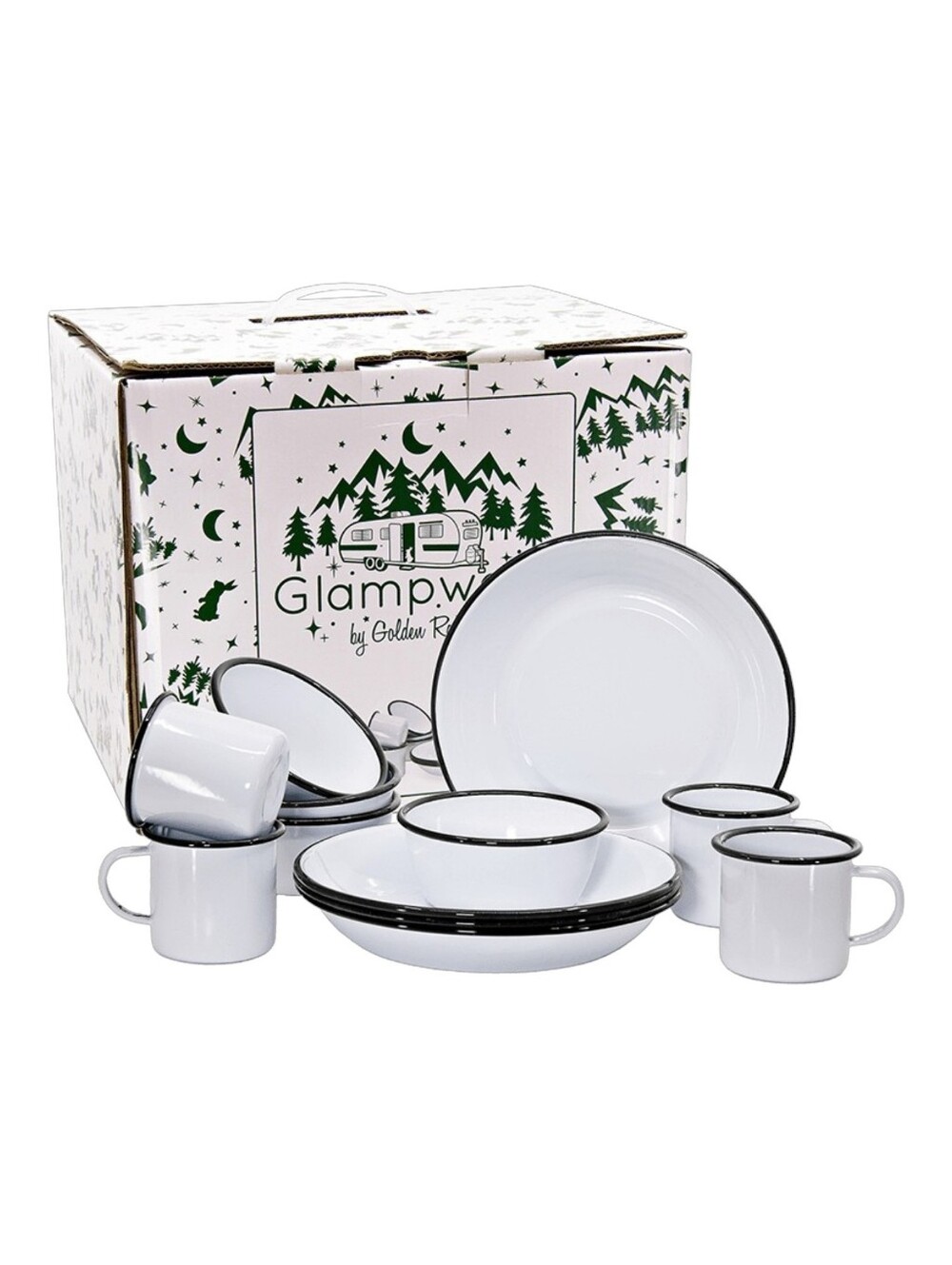 Golden Rabbit NIB Rolled Rim 12 Piece Set Retail $178 White/Black Rim